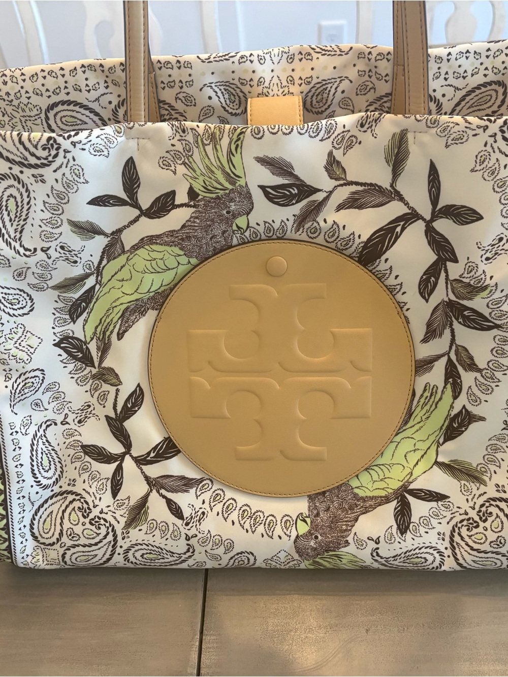 Tory Burch Ella Cream Tote with Green Parrot Print and Tan Logo Medallion